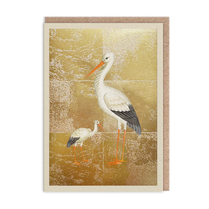 Card with illustration of two storks on a gold background