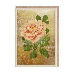 gold foil greetings card with illustration of pink tree peony