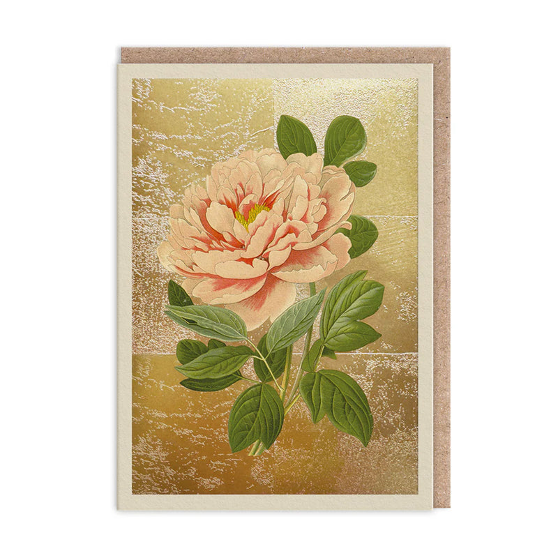 gold foil greetings card with illustration of pink tree peony