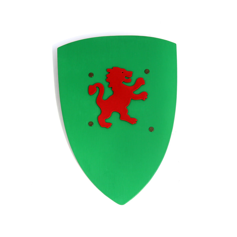 Childrens medieval shield in green with red lion emblem front