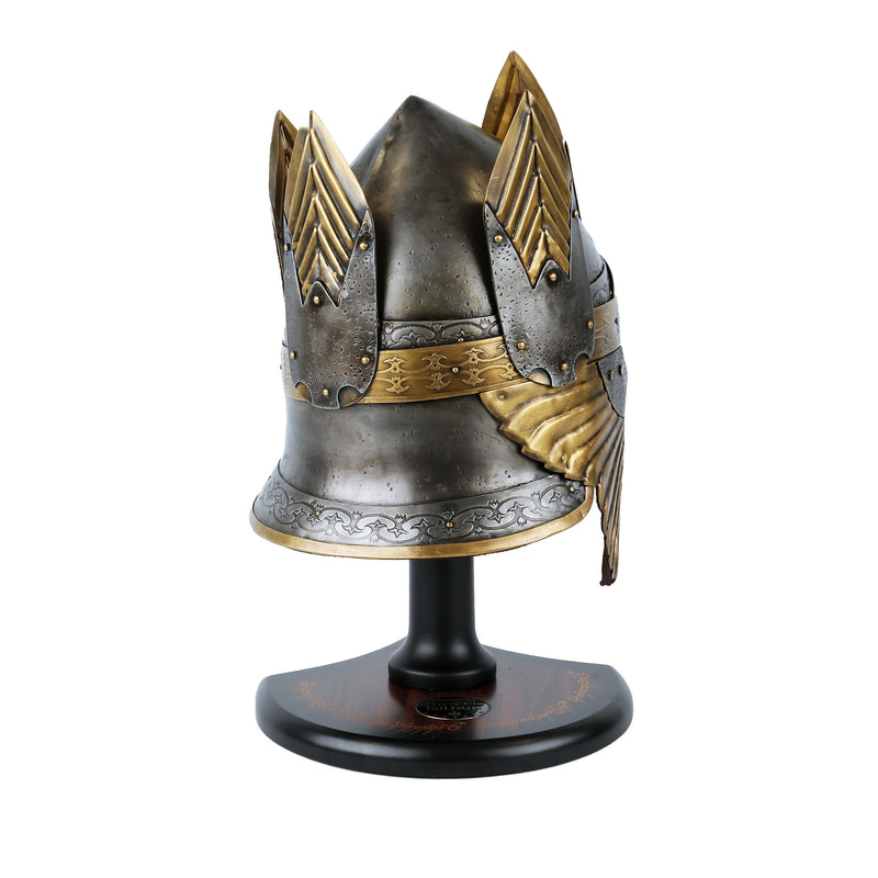 Helm of Isildur  with gold accents on a stand against a white background. view from the back right
