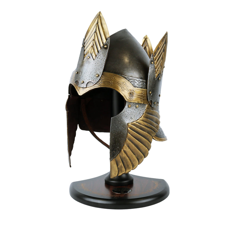 Helm of Isildur  with gold and silver accents on a wooden stand against a white background. helmet is facing left