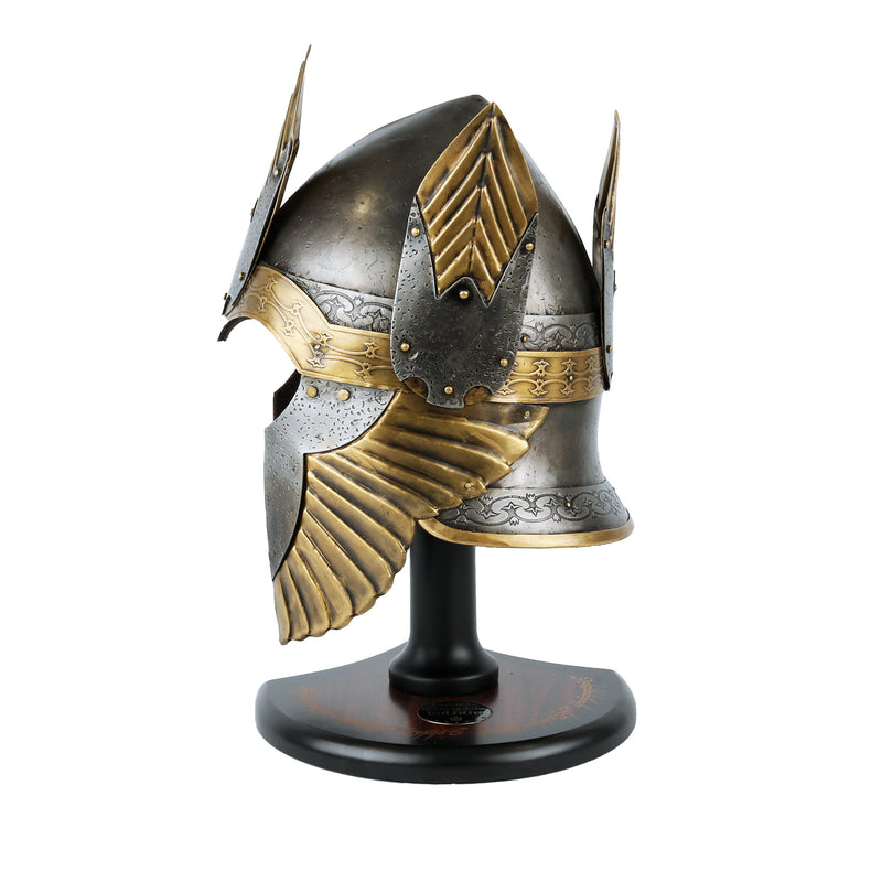 Helm of Isildur  with gold and silver details on a stand against a white background. shows left profile