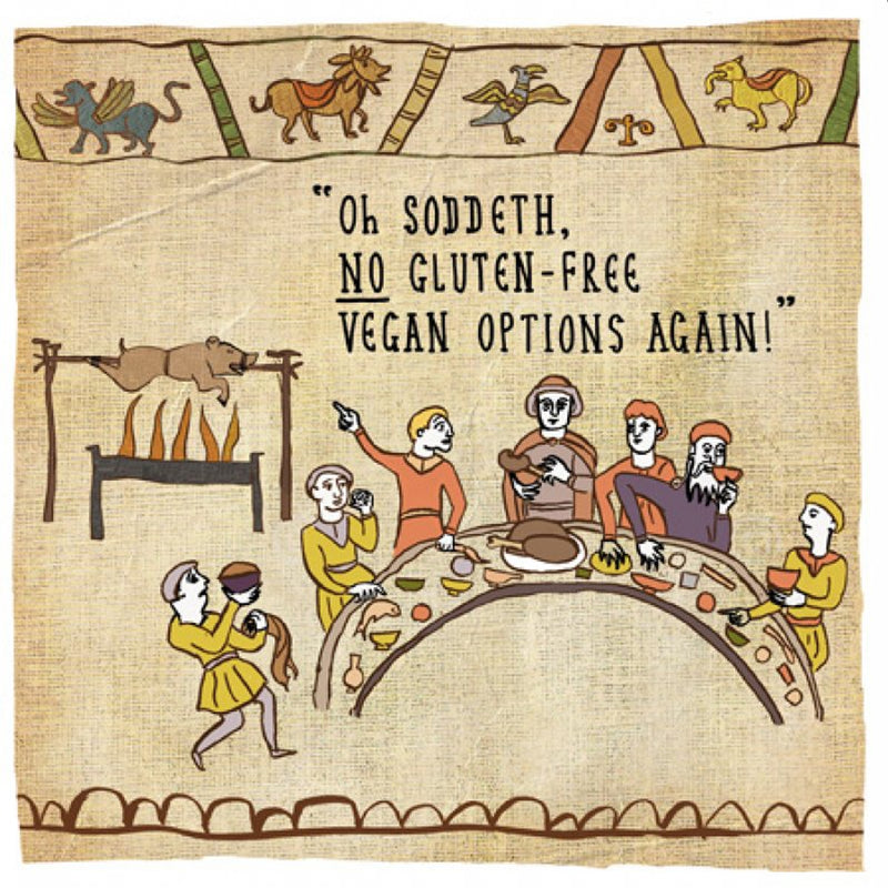 tapestry style illustration of a feast with the words "oh soddeth, no gluten-free vegan options again!"