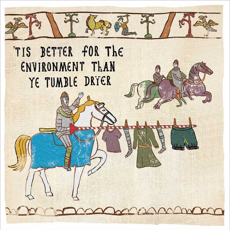 tapestry style illustration of a jouster with clothes pegged on lance with the words "'tis better for the environment than ye tumble dryer"