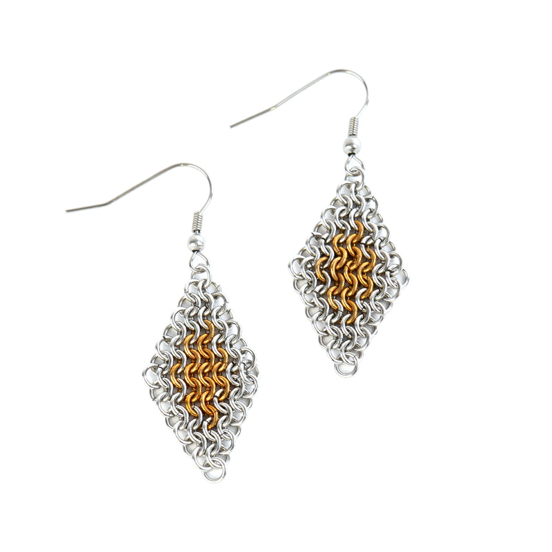 Indian style chainmail earrings with a steel/gold chevron pattern