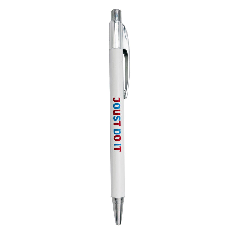White pen with 'JOUST DO IT' text on a white background