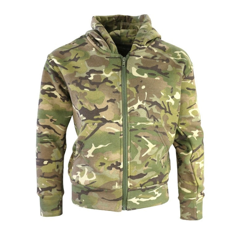 kids camo hoodie on a white background from the front