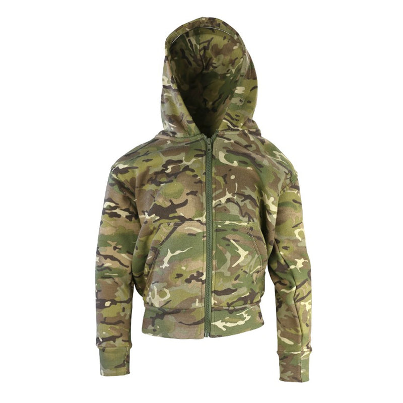 kids camo hoodie on a white background with the hood up