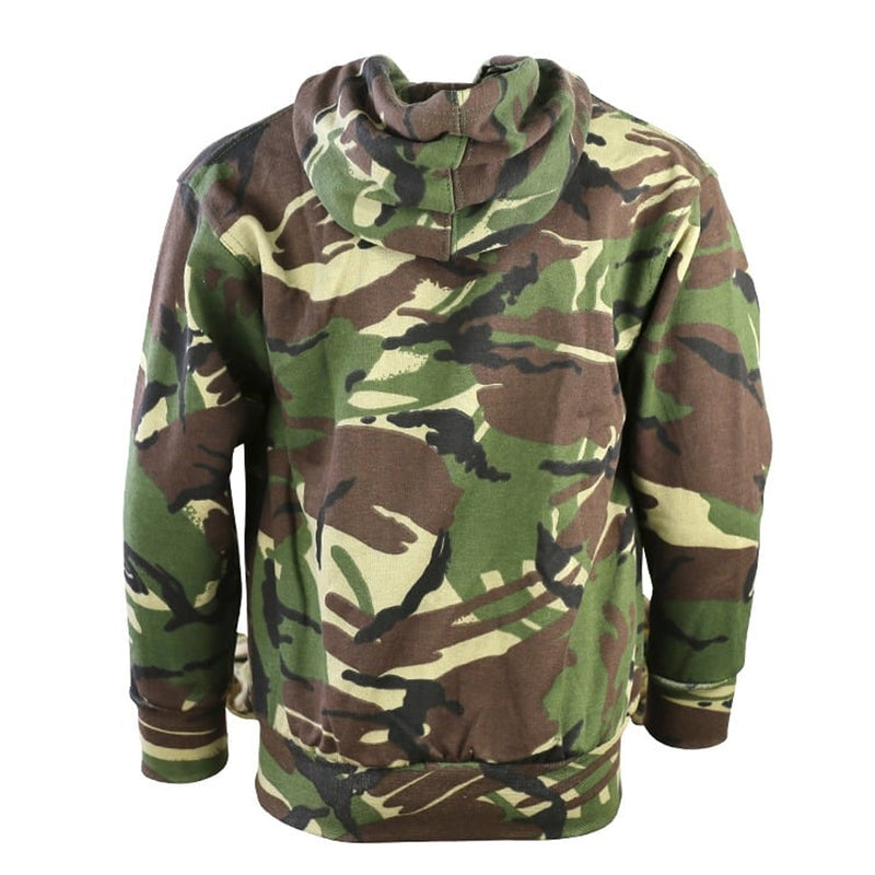 kids camo hoodie on a white background from the back