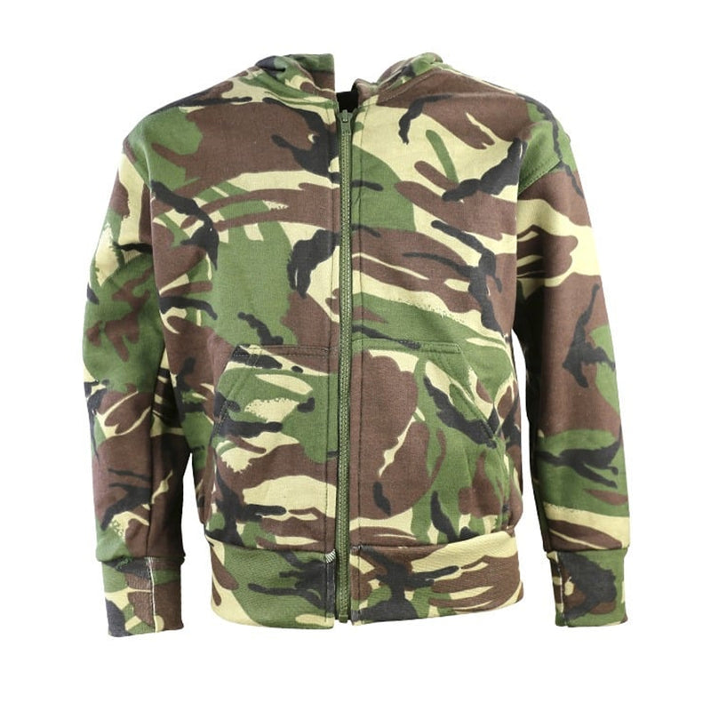 kids camo hoodie on a white background from the front