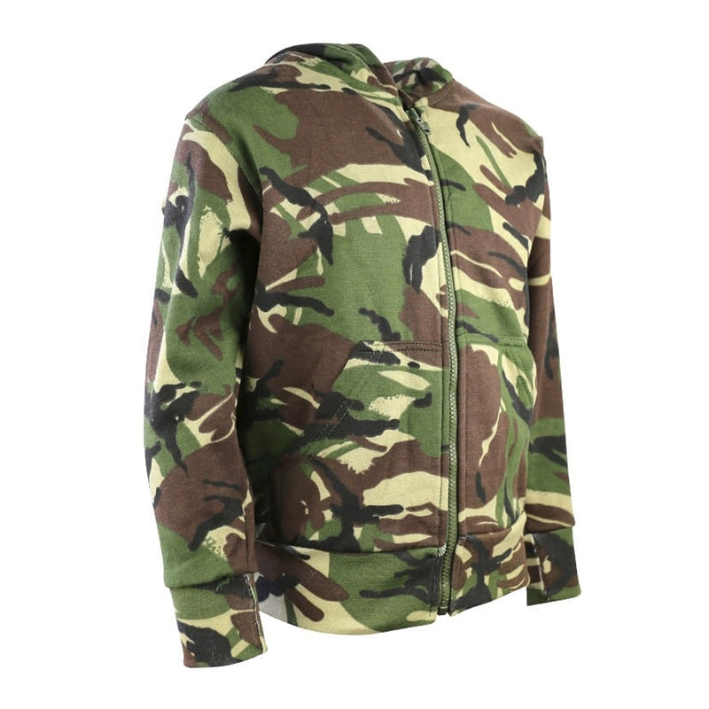 kids camo hoodie on a white background from the right