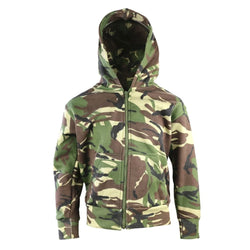 kids camo hoodie on a white background with the hood up
