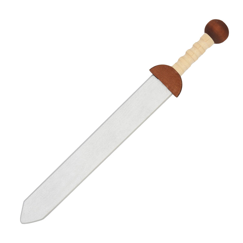 wooden toy sword in the shape of a roman gladius with silver blade and two-tone brown handle