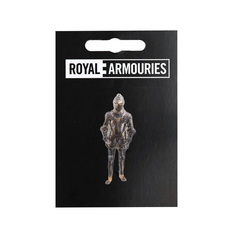 Lion armour pin badge on royal armouries backing board packaging