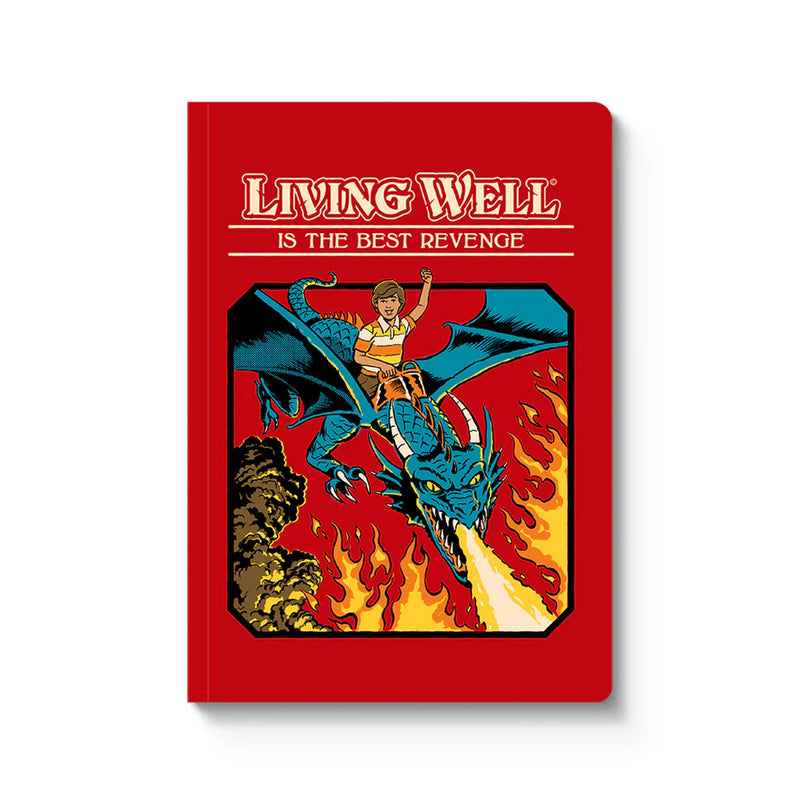 Retro style illustration of a child on the back of a fire breathing dragon with the words "Living well is the best revenge"