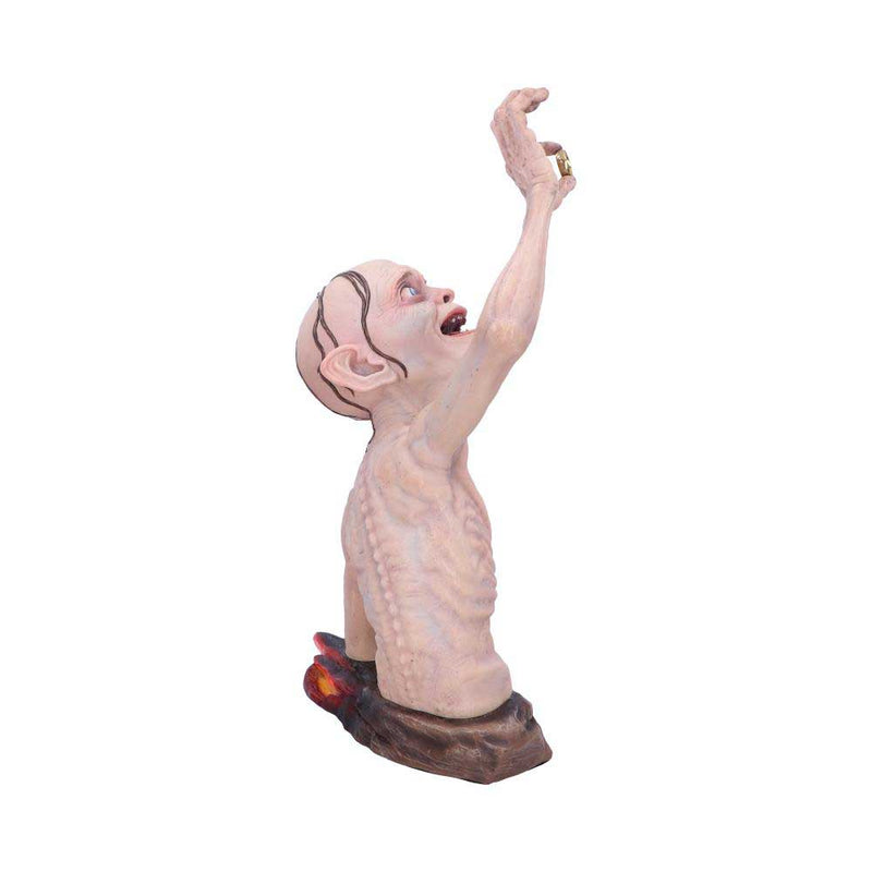 Statue of a Gollum with a long neck and outstretched arm on a white background