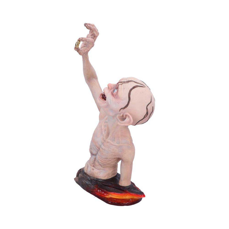 Statue of Gollum with one arm raised on a white background