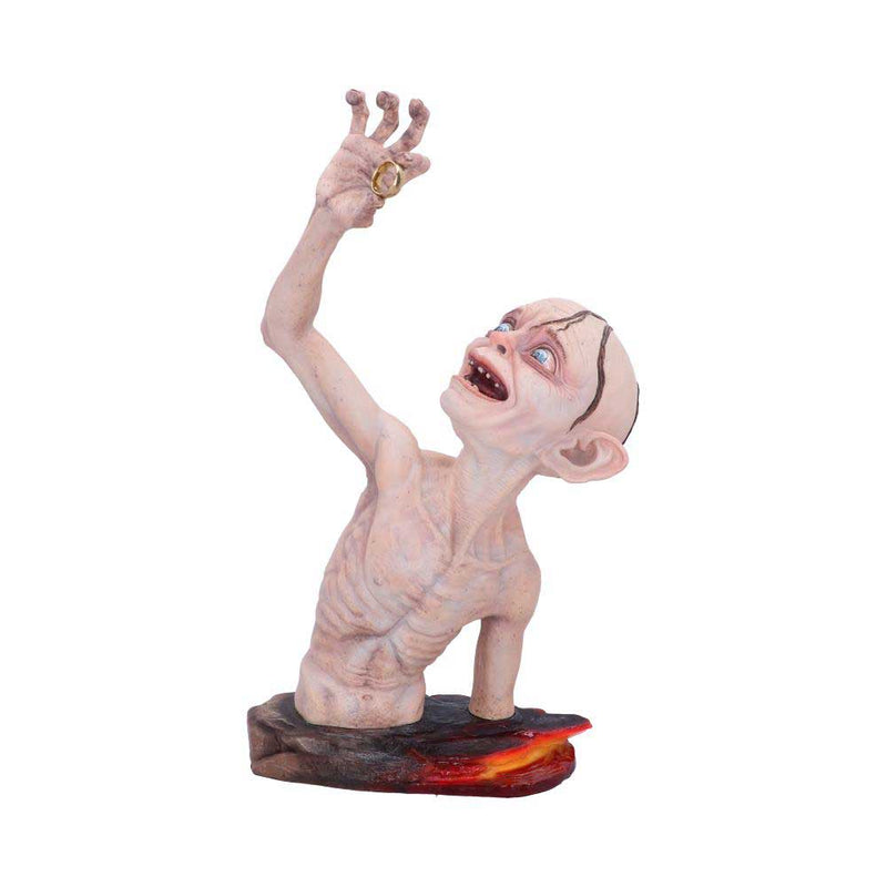 Statue of a Gollum with one arm raised on a white background