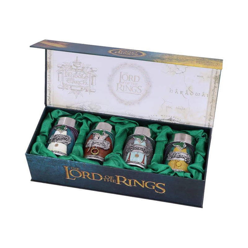 Lord of the rings themed shot glasses in branded decorative green silky lined box