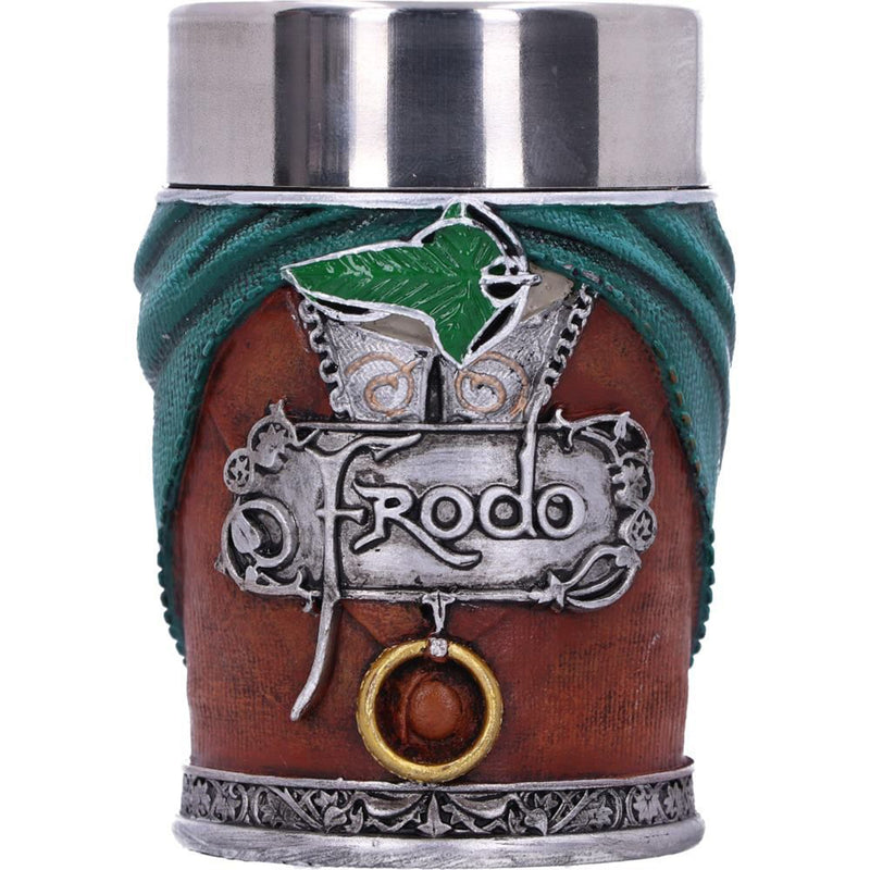 Lord of the rings themed shot glasses frodo glass with green cape, the one ring, and leaf brooch