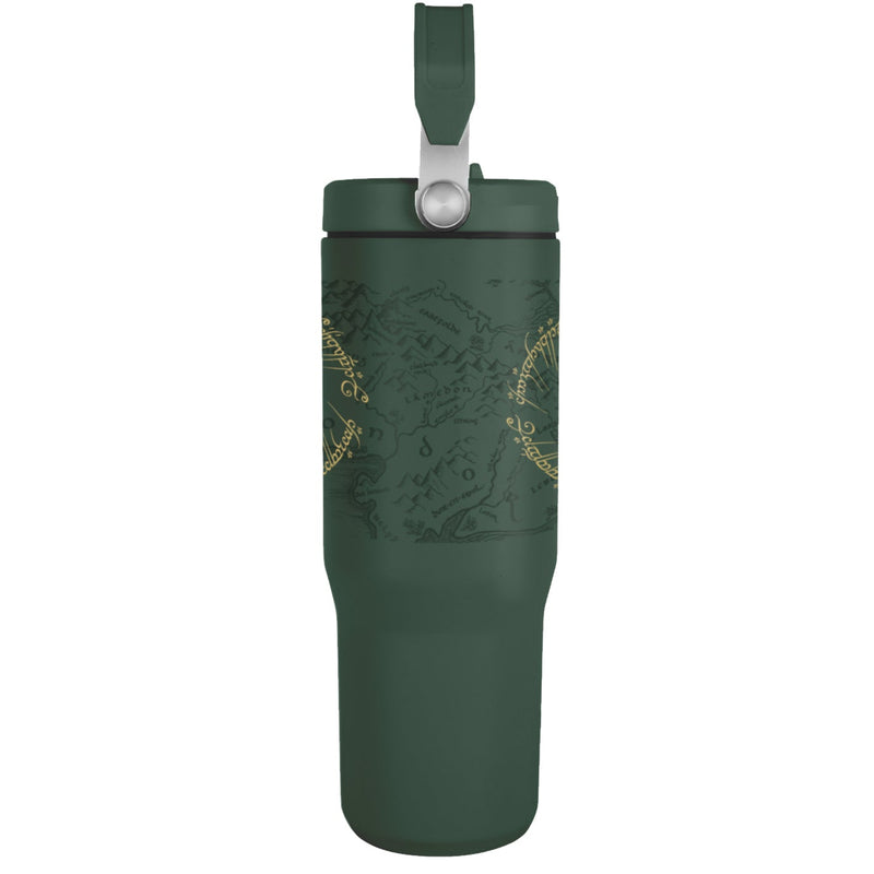 Green pitcher with a lid and strap on a white background
