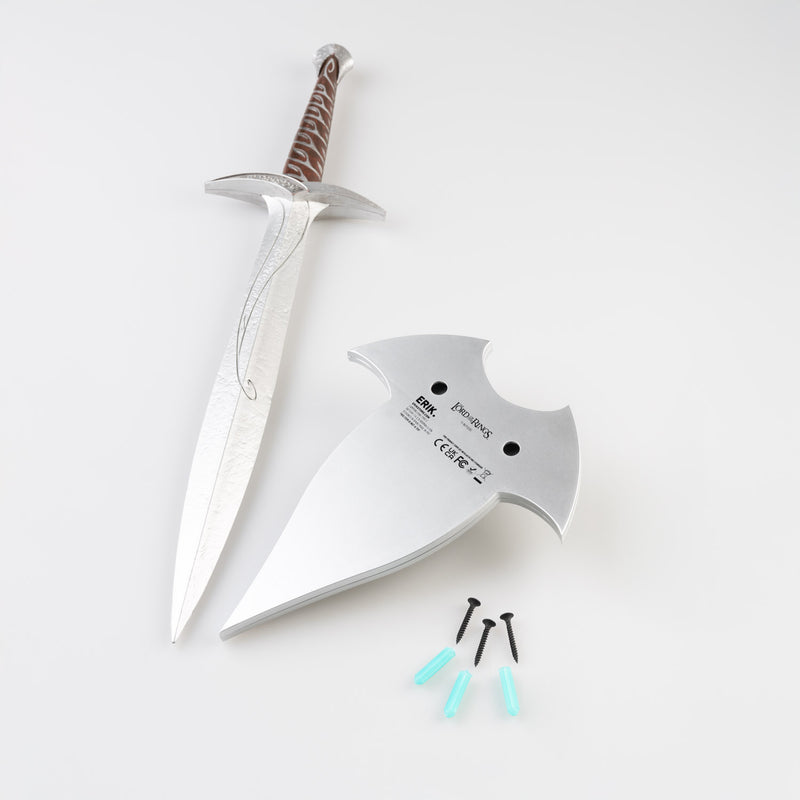Sword and mount with visible branding on a white background