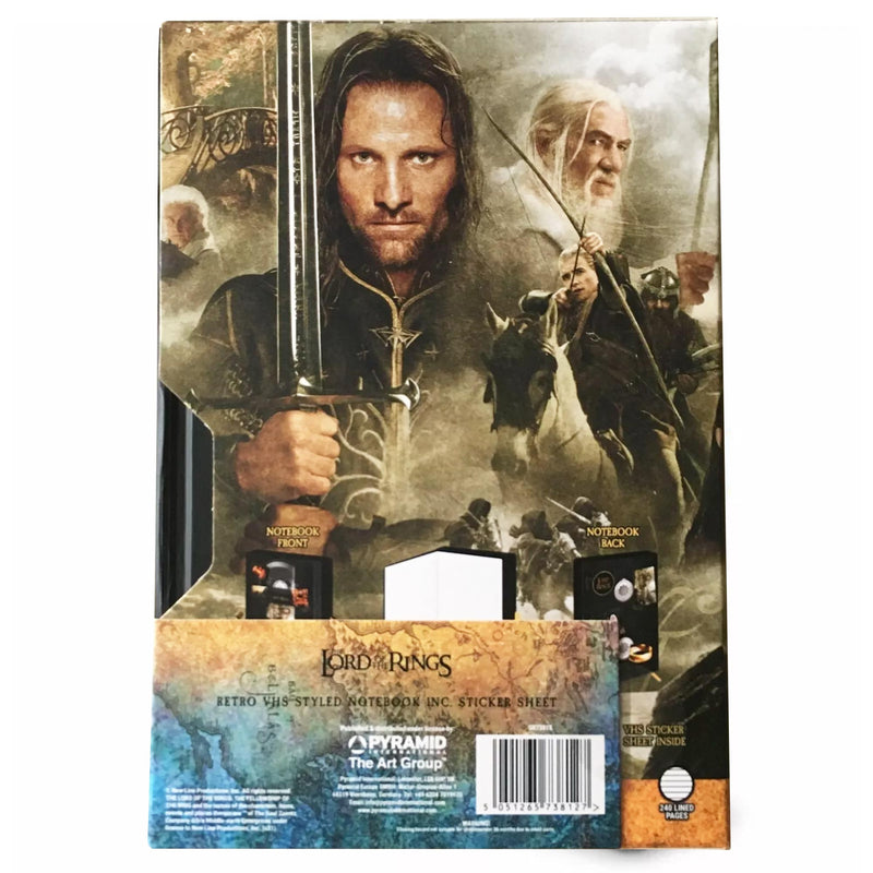 Back of Lord of the Rings notebook in the style of a VHS boxset on a white background