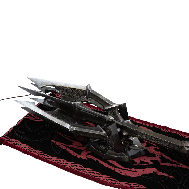 The Mace Of Sauron Red Eye Edition on wall mount on war banner