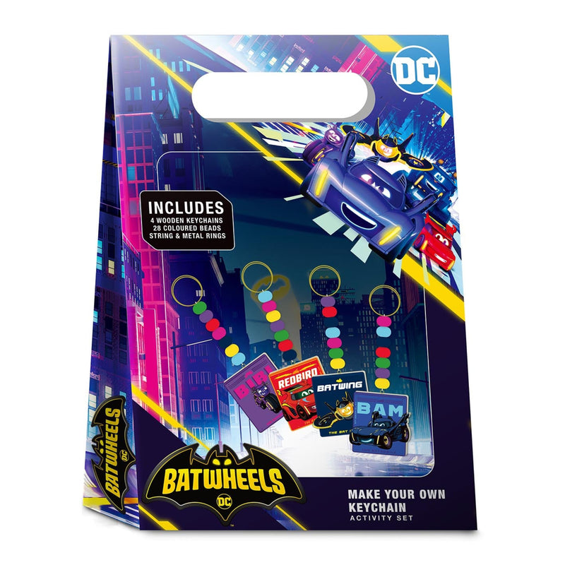 Batwheels keychain kit packaging with superhero vehicle and colorful beads on a white background