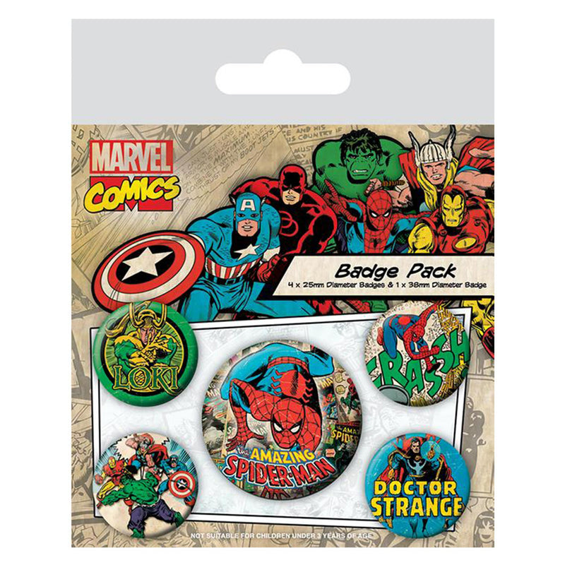 Marvel Comics badge pack with character illustrations on a white background