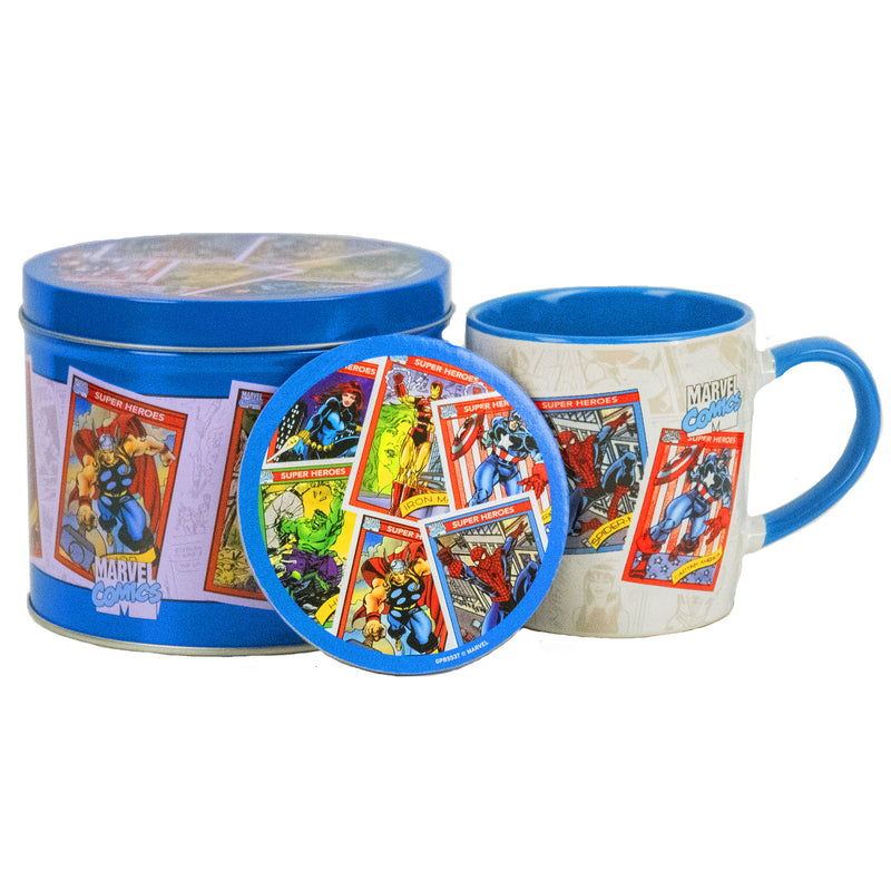 Marvel-themed mug and tin set with character illustrations on a white background