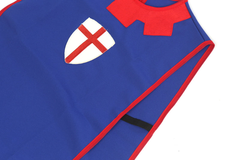 Children's medieval tabard in blue and red st georges cross emblem detail