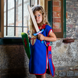 child wearing Children's medieval tabard in blue and red