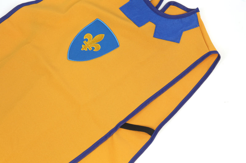 Children's medieval tabard in yellow and blue elastic fastening detail