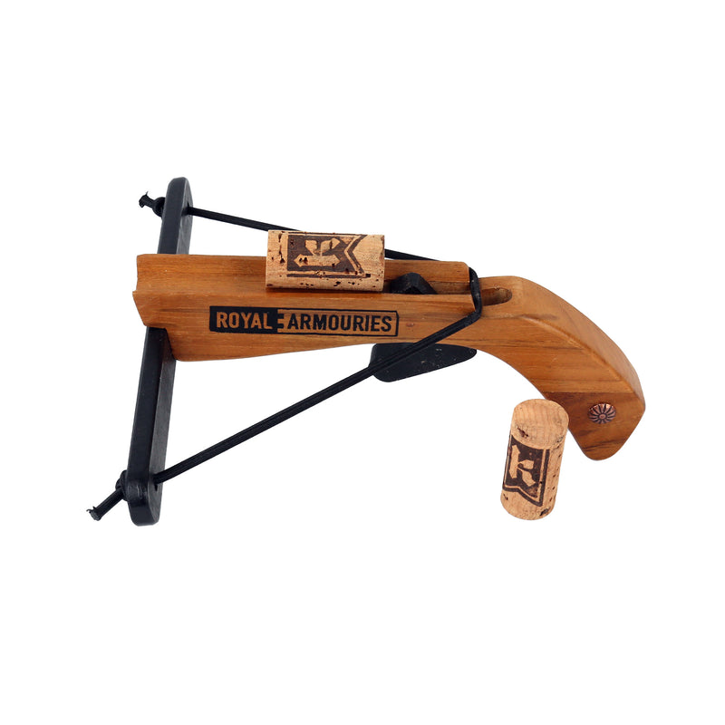 Wooden crossbow with 'Royal Armouries' branding on a white background