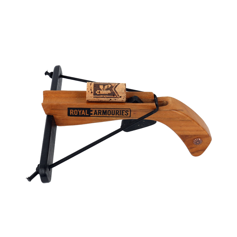 Wooden crossbow with 'Royal Armouries' branding on a white background