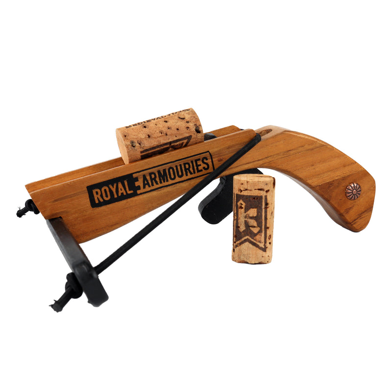 Wooden crossbow with 'Royal Armouries' branding on a white background