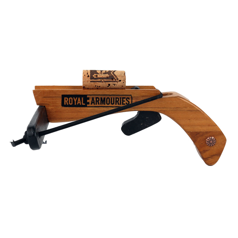 Wooden crossbow with 'Royal Armouries' branding on a white background