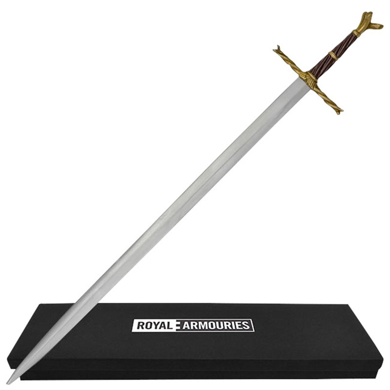 Miniature Writhern hilt sword letter opener full view on black display stand