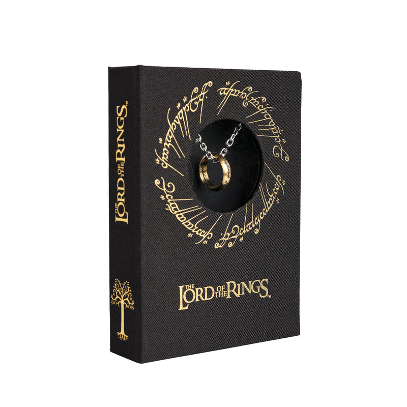 the one ring necklace in its black branded packaging right side view