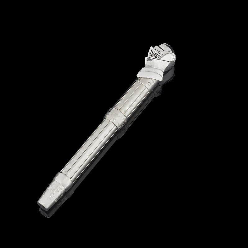 Metallic pen with a helmet design on a black background