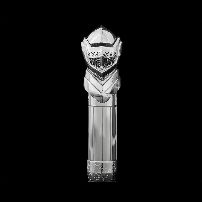 Silver helmet pen cap with intricate design on a black background