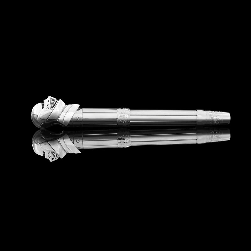 Silver pen on a black background