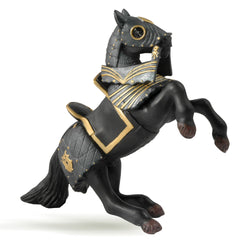 Black Papo horse figure with gold and black armour rearing up 