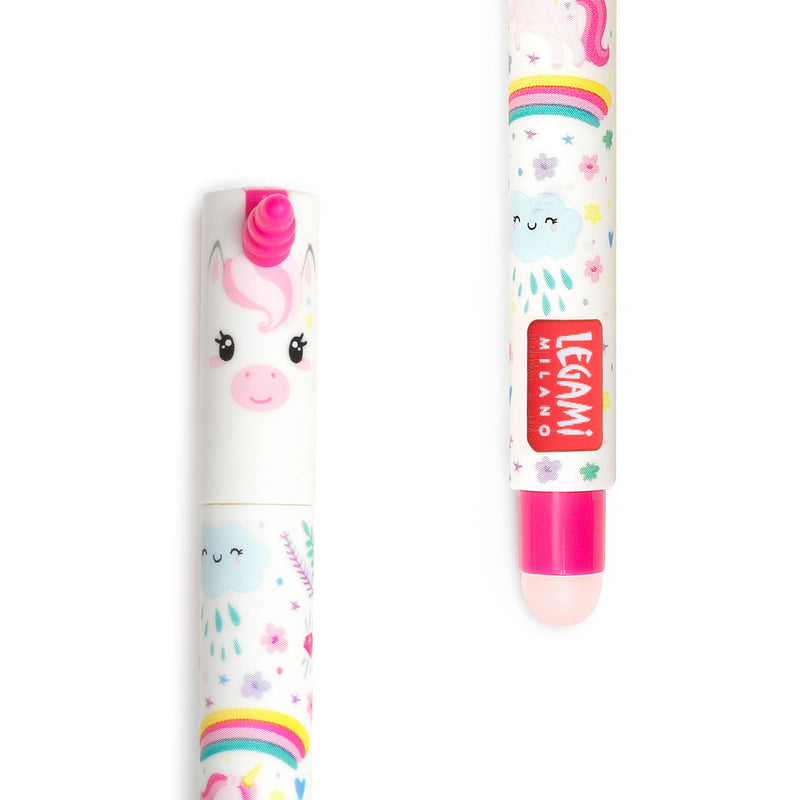 pink erasable unicorn pen lid and eraser detail