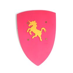 Childrens Medieval shield in pink with gold unicorn emblem front