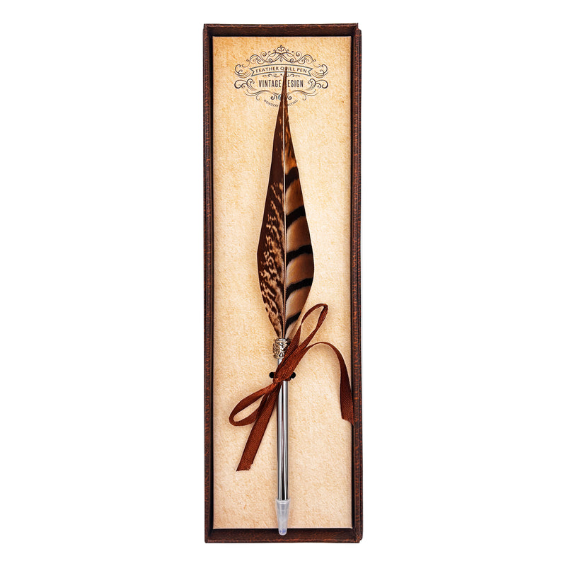 pointed feather ballpoint pen in presentation box on white background