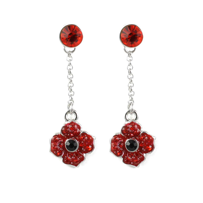 Red Enamel stud earrings with dangling red poppies