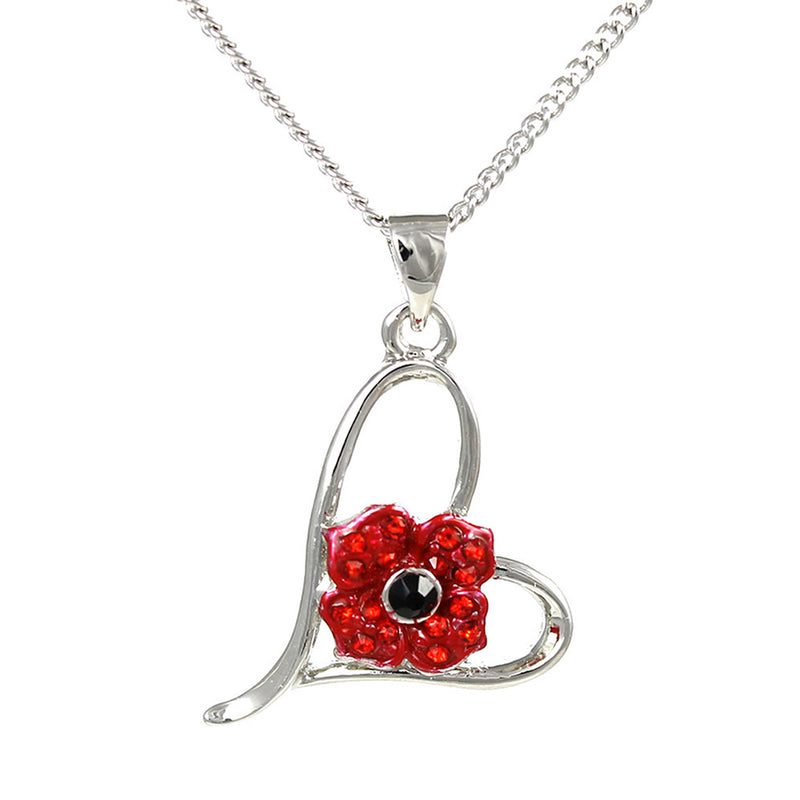 Red poppy in silver heart necklace hanging from a silver chain